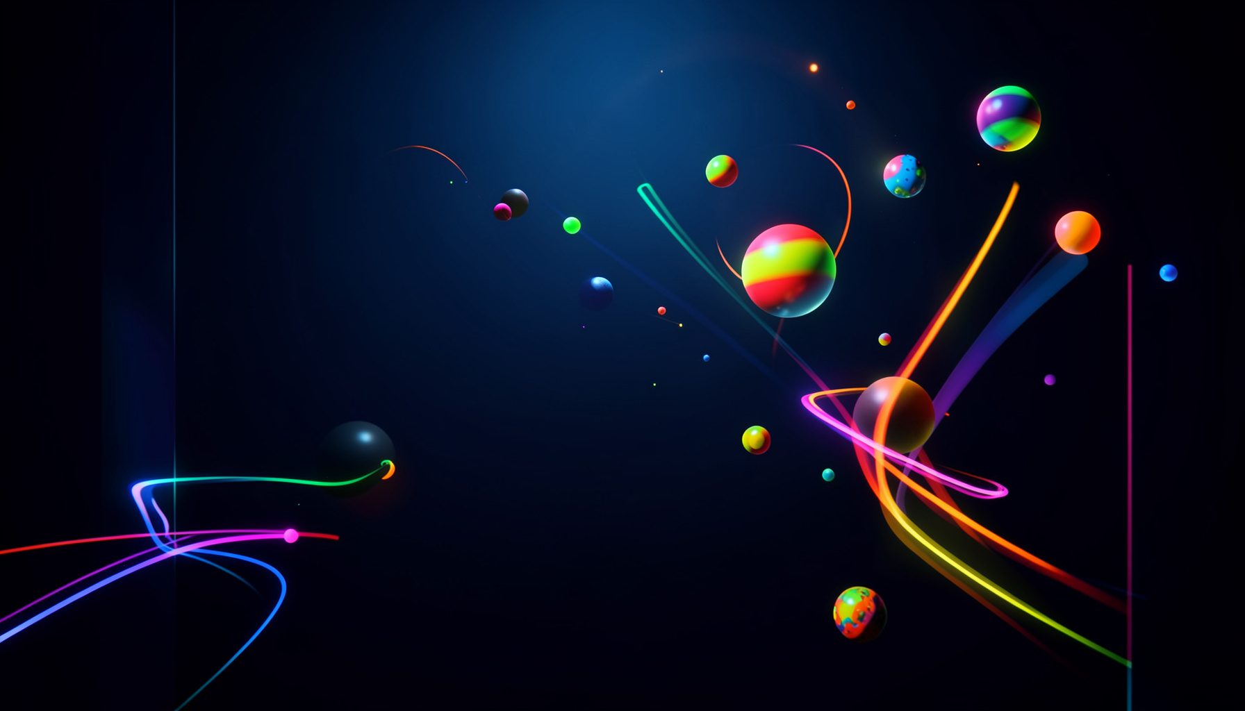 Vibrant abstract gaming atmosphere with colorful spheres and motion trails against a dark gradient background
