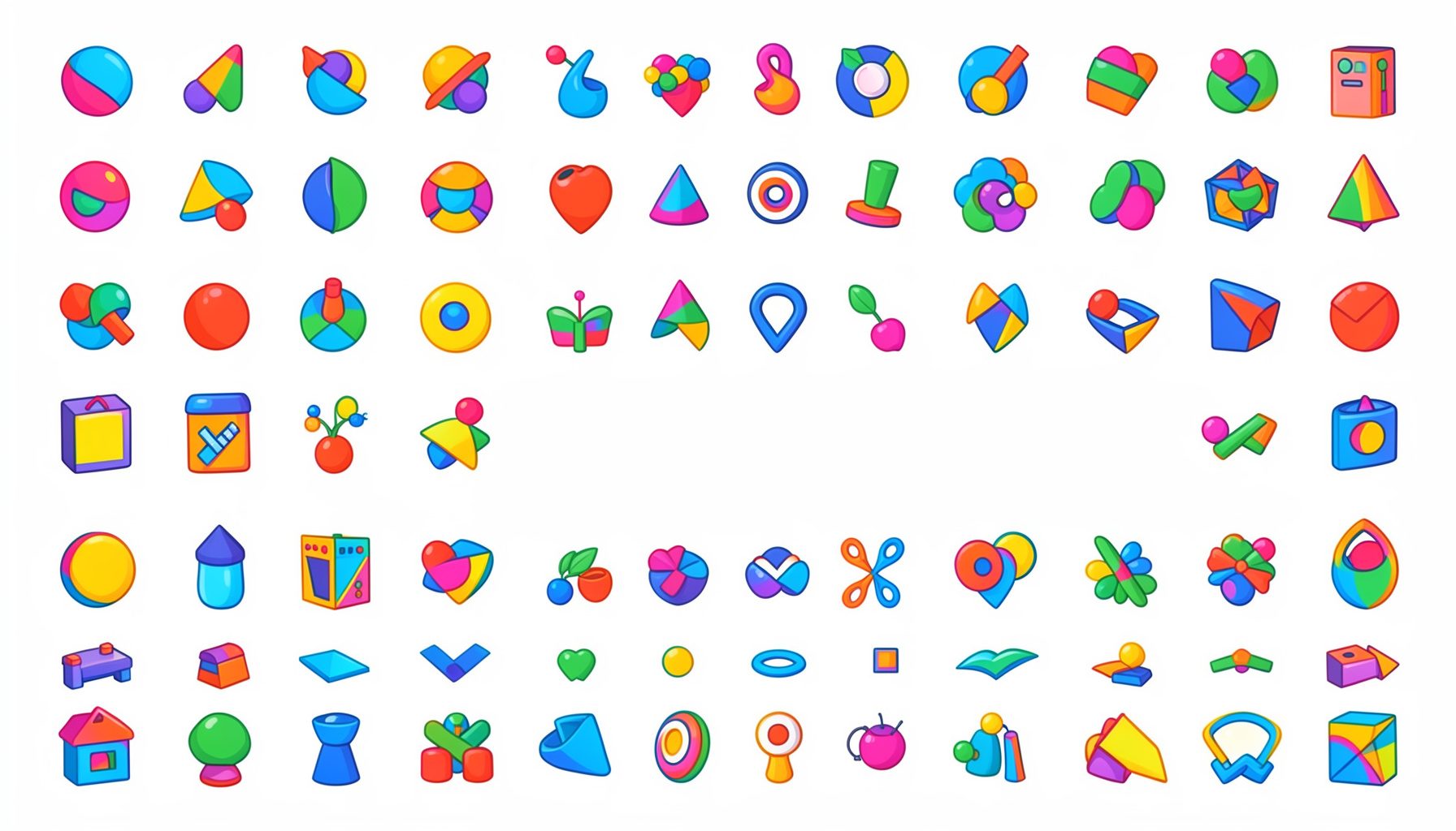 Clean grid of colorful abstract game icons on a white background, organized and modern editorial style