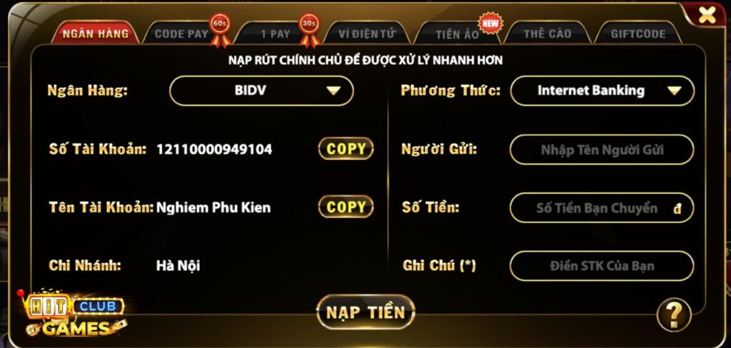 nạp hit club qua ngân hàng